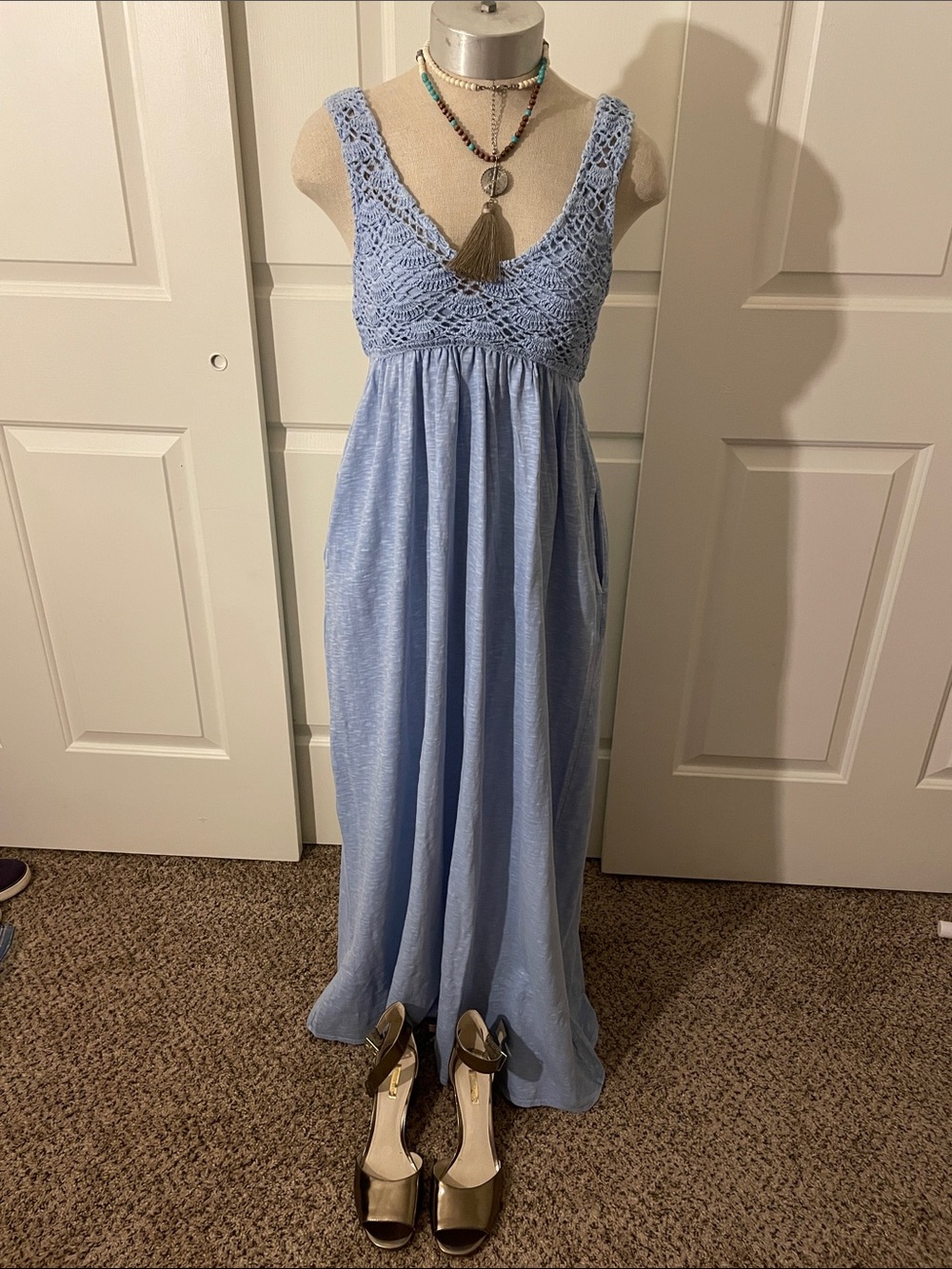 aerie Sky Blue Crochet Bodice Maxi Dress